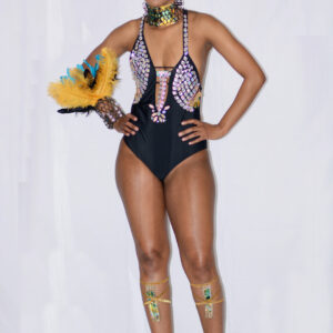 Atlanta Junkanoo Atlanta Dekalb Carnival 2022Black sea urchin Full body with deep v high-low one piece with a print surprise at back .  Pieces include neck piece, cuff, unisex bling skirt for both guys an One- piece see through mesh with back surprise Included: shoulder piece, arm cuffs, ankle shin wrap