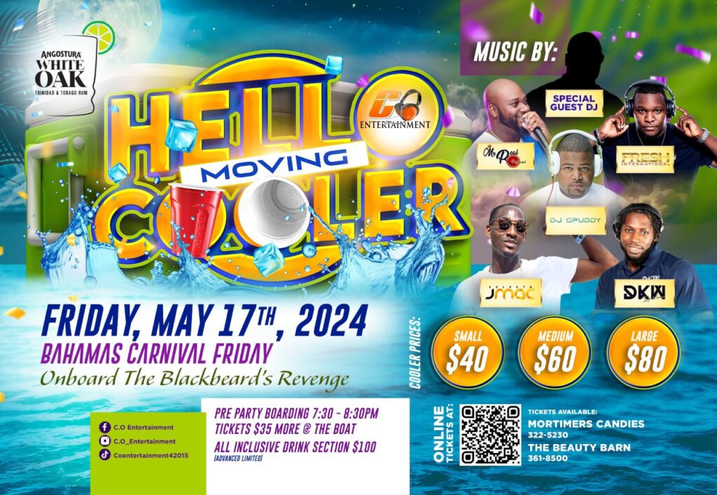“Hello Moving Cooler Fete” the Bahamas most dynamic 🛳️ boat ride.🌊  This year we’re taking it up a notch onboard the blackbeard's revenge.  Tickets available @  Mortimers Candies
322-5230  The Beauty Barn 361-8500